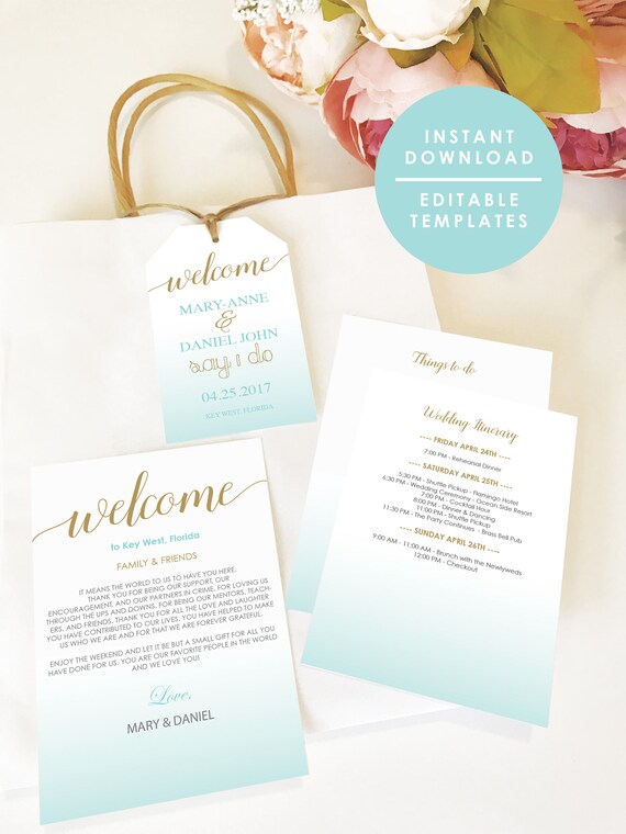 Destination Wedding Welcome Bag Note Sea Blue And Gold Etsy