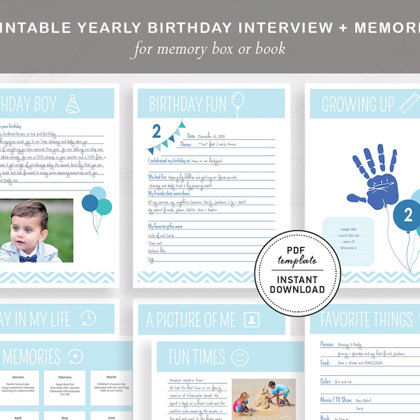 Printable Birthday Interview, Kids Memory Book pages, Memory Box pages, Yearly interview, Childhood Memory Journal, Birthday BOY, PDF