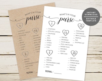 What's in your purse game, Bridal Shower Game, Rustic Bridal shower Game, Editable PDF, Instant Download, GD_WSG106