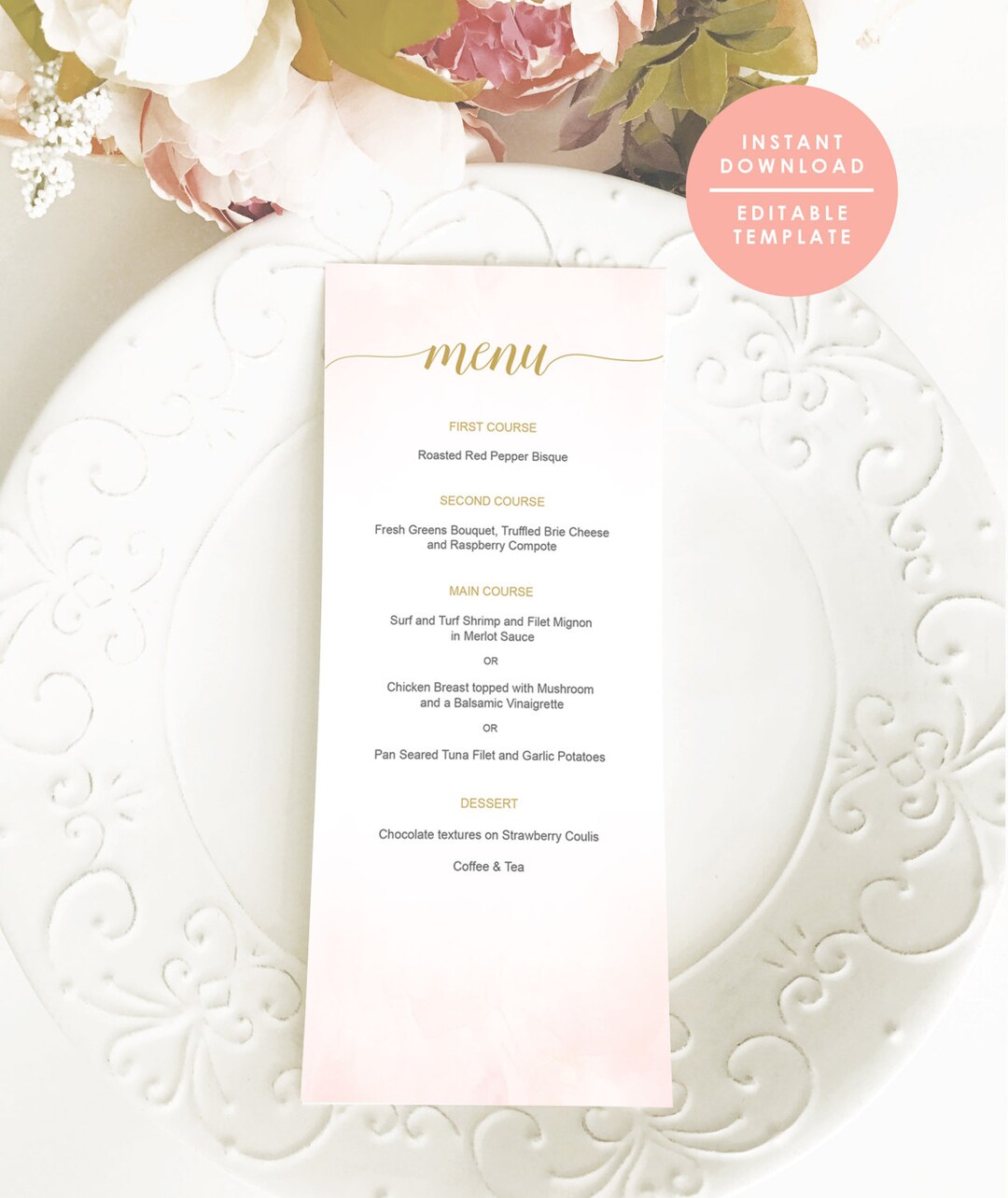 Blush Wedding Menu Blush and Gold Menu Menu Template Etsy
