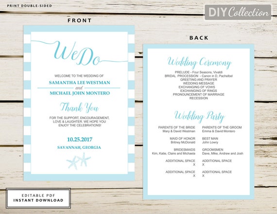 Beach Wedding Program Template Printable We Do Etsy