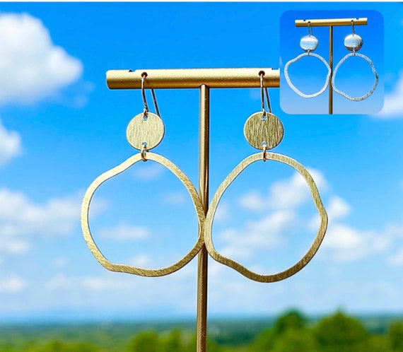 Gold Hoops/ Silver Hoops/ Asymmetric Earrings/ Brushed Gold/ Gold Hoop Earrings/ Lightweight/ 1.5” Hoops/ Silver Earrings/ Gift