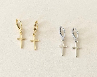 Cross Earrings/ Huggie Hoops/ Cross Charm/  Gold Cross/ Silver Cross/ Gold Huggie Hoops/ Small Cross/ Hypoallergenic/ 1 Pair/  GIFT