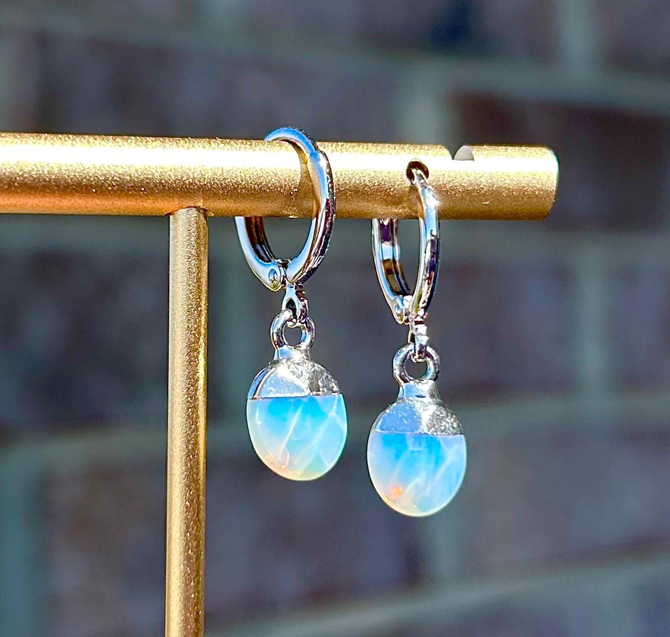 Opalite Earrings/ Silver Hoops/ Briolette Teardrop/ Small Silver Earrings/ Opalite Jewelry/ Huggie Hoops/ Stone Earrings/ Gift
