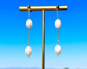 Pearl Earrings/ Freshwater Pearl/ Gold Chain/ Pearl Drop Earrings/ Potato Pearl/ 24K Gold Plated Post/ Pearl Chain Earrings/ Gift