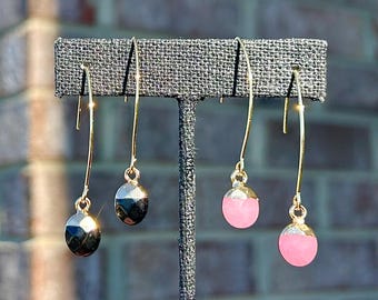 Pendientes de obsidiana/piedra preciosa/pendientes de jade/jade rosa/piedra negra/gancho de oro de 18 quilates/piedras preciosas/regalo