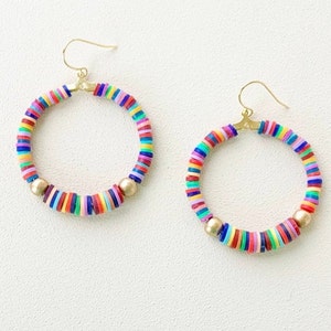 Polymer Clay Earrings/ 1.5” Hoops/ Earth Colors/ Beaded Hoops/ Gold Wood Beads/ Polymer Clay Beads