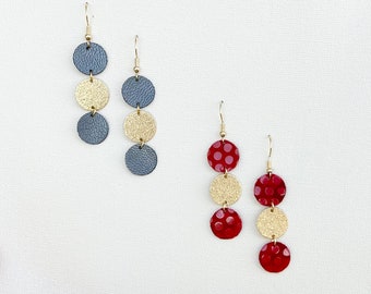 Metallic Leather Earrings/ Stardust Gold/ Leather Drop Earrings/ Red Leather/ Genuine Leather/ Red Earrings/ Circle Earrings/ Gift