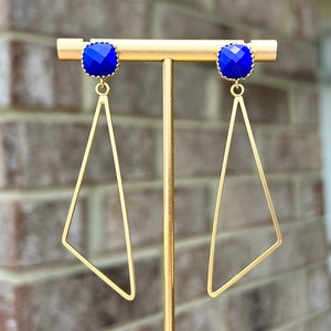 Blue Indigo/ Glass Stone/ Blue Earrings/ Geometric Earrings/ Lightweight/ Matte Gold/ Opaque Blue/ Orange Earrings/Gift