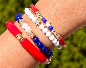 Star Stacking Bracelet Set/ Star Beads/ Bracelet Stack/ Red White and Blue/ Beaded Bracelets/ Gold Beads/ White Bracelet/ Jade Beads