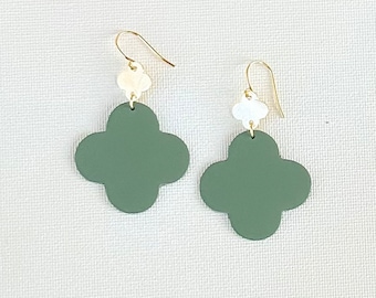 Sage Green/ Clover Earrings/ Lightweight/ Leather Earrings/ Quatrefoil Earrings/ Gold Clover/ Green Earrings/ Green Leather/ Gift