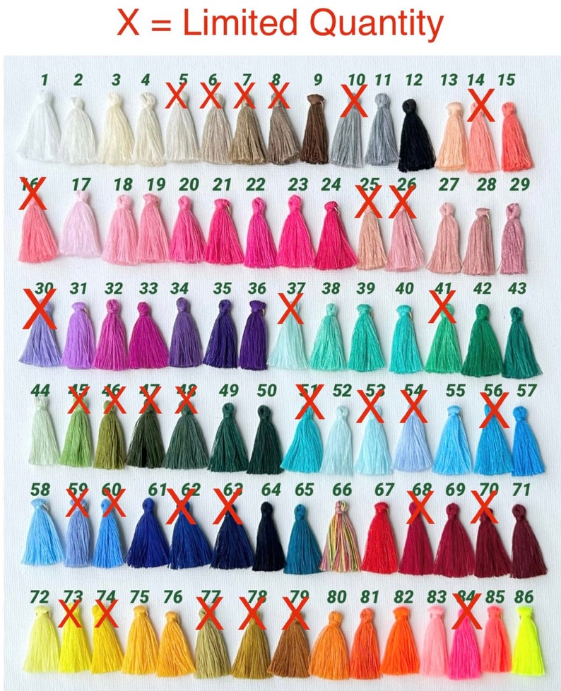 Puede incluir: Un gr&aacute;fico de 86 borlas de hilo de diferentes colores con una 'X' marcando algunas de las borlas. El gr&aacute;fico est&aacute; etiquetado como 'X = Cantidad limitada'.