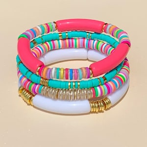 Bracelet Stack/ 4 Bracelets/ Polymer Clay Beads/ Gold Heishi Beads/ Stack Bracelets/ Candy Pink/ Bracelets