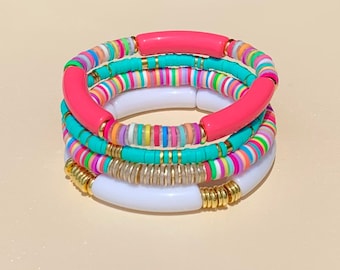 Bracelet Stack/ 4 Bracelets/ Polymer Clay Beads/ Gold Heishi Beads/ Stack Bracelets/ Candy Pink/ Bracelets