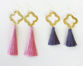 43 Colors/ 2.5” or 1.5” Tassel/ Quatrefoil Clover/ Brushed Gold/ Silk Tassel/ Tassel Earrings/ Long Tassel Earrings/ Gift