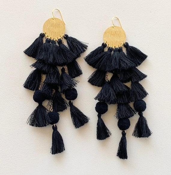 Black Tassel Earrings/ Long 6” Tassel Earrings/ Black Mini Tassels/ Mini Tassel Earrings/ Gift