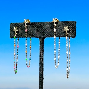 Star Earrings/ 18K Gold Filled/ Chain Earrings/ Gold Star Earrings/ Enamel Satellite Chain/ Front to Back Chain Earrings/ Gift