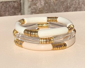 3 Stack Bracelet Set/ Acrylic Beads/ 18K Gold Discs/ Stack Bracelets/ Bamboo Acrylic Beads