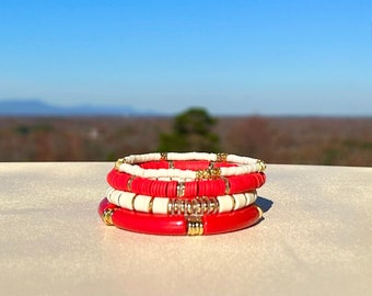 Red Bracelet Set/ Gold Disc Beads/ Acrylic Bracelets/ Clay Disc