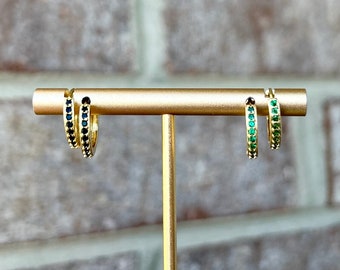 Gold Hoops/ CZ Hoops/ Small Hoops/ Green CZ/ Black CZ/ Huggie Hoops/ Hoop Earrings/ 18K Gold/  Gift