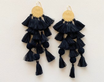 Black Tassel Earrings/ Long 6” Tassel Earrings/ Black Mini Tassels/ Mini Tassel Earrings