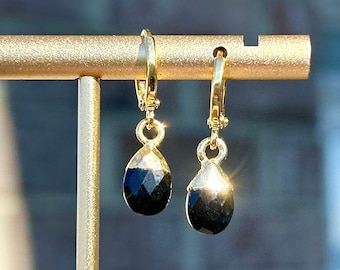 Black Tourmaline/ Gemstone Earrings/ 18K Gold Filled/ Briolette Teardrop/ Gold Hoops/ Tourmaline Earrings/ Huggie Hoops/ Gift