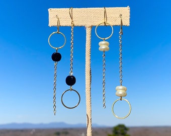 Asymmetric Earrings/ Gold Hoop/ Lightweight Earrings/ Faux Pearl/ Black Bead/ Simple Drop Earrings/ Asymmetrical