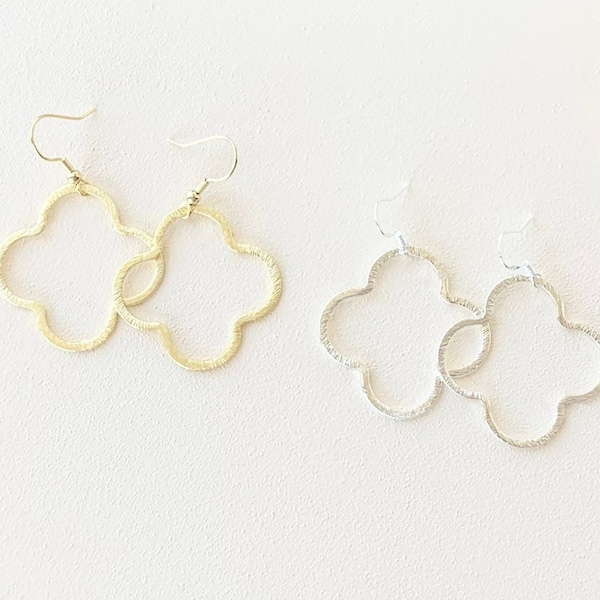 Clover Earrings/1.25” Size/ Brushed Gold/ Brushed Silver/ Quatrefoil/ Gold Earrings/ Flower Earrings/ Silver Earrings/ Lightweight/ Gift