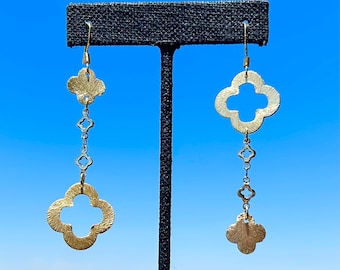 Clover Earrings/ Asymmetric Earrings/ Light Gold/ Brushed Gold/ 2.75” Earrings/ Asymmetrical/ Gold Clover/ Flower Earrings/ Gift