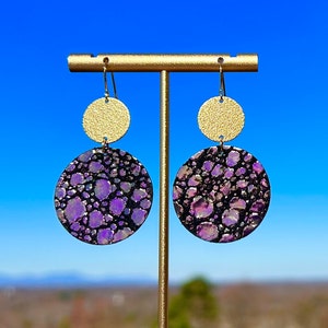 Iridescent Earrings/ Leather Earrings/ Purple / Green/ Metallic Leather/ Lightweight/ Sparkle Earrings/ Stardust/ Circle Drop Earrings/ Gift