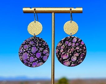 Iridescent Earrings/ Leather Earrings/ Purple / Green/ Metallic Leather/ Lightweight/ Sparkle Earrings/ Stardust/ Circle Drop Earrings/ Gift