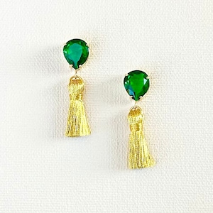 Emerald Green Glass/ Metallic Tassel/ Green Earrings/ Gold Tassel/ Tassel Earrings/Holiday Earrings/ Teardrop Earrings/ Gift