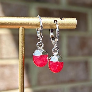 Red Jade Gemstone Earrings/ Silver Hoops/ Small Hoops/ Jade Earrings/ Gemstone Earrings/ Jade/ Hoop Earrings/ Red Stone/ Gift