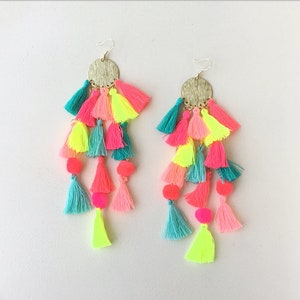 Bright Tassel Earrings/ Long 6” Earrings/ Neon Tassels/ Neon Earrings /  Long Tassel Earrings/ Pink Earrings/ Colorful Earrings