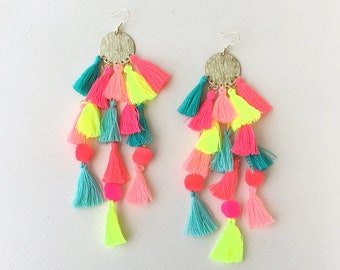 Bright Tassel Earrings/ Long 6” Earrings/ Neon Tassels/ Neon Earrings /  Long Tassel Earrings/ Summer Earrings