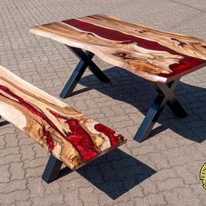 Epoxy resin dinning set river dining table with bench, walnut wood, red pearl resin, modern style, X farm style legs