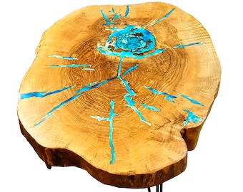 Round live edge coffee table with glowing resin fillin/hairpin cooper legs ash wood