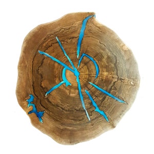 Round live edge coffee table with glowing resin fill / hairpin cooper legs dark walnut wood