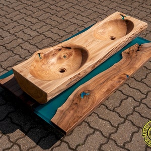 Dual sink washbasin / Wood Sink / Exclusive Wooden Washbasin / solid elm wood / epoxy resin