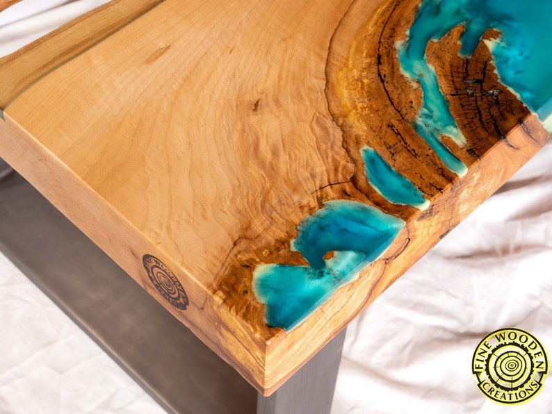 DEEP BLUE Bright ash live edge river coffee table with 3D glowing resin image 9