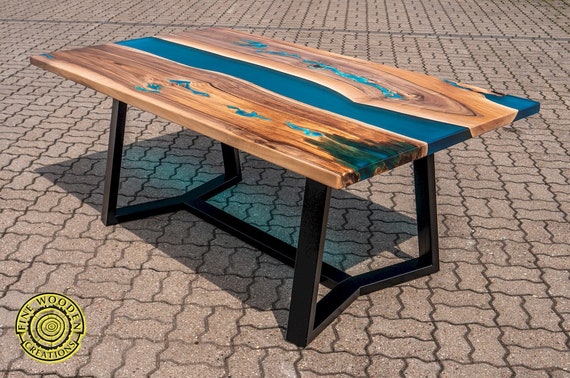 Epoxy Resin River Dining Table With Turquoise Glowing Resin Black