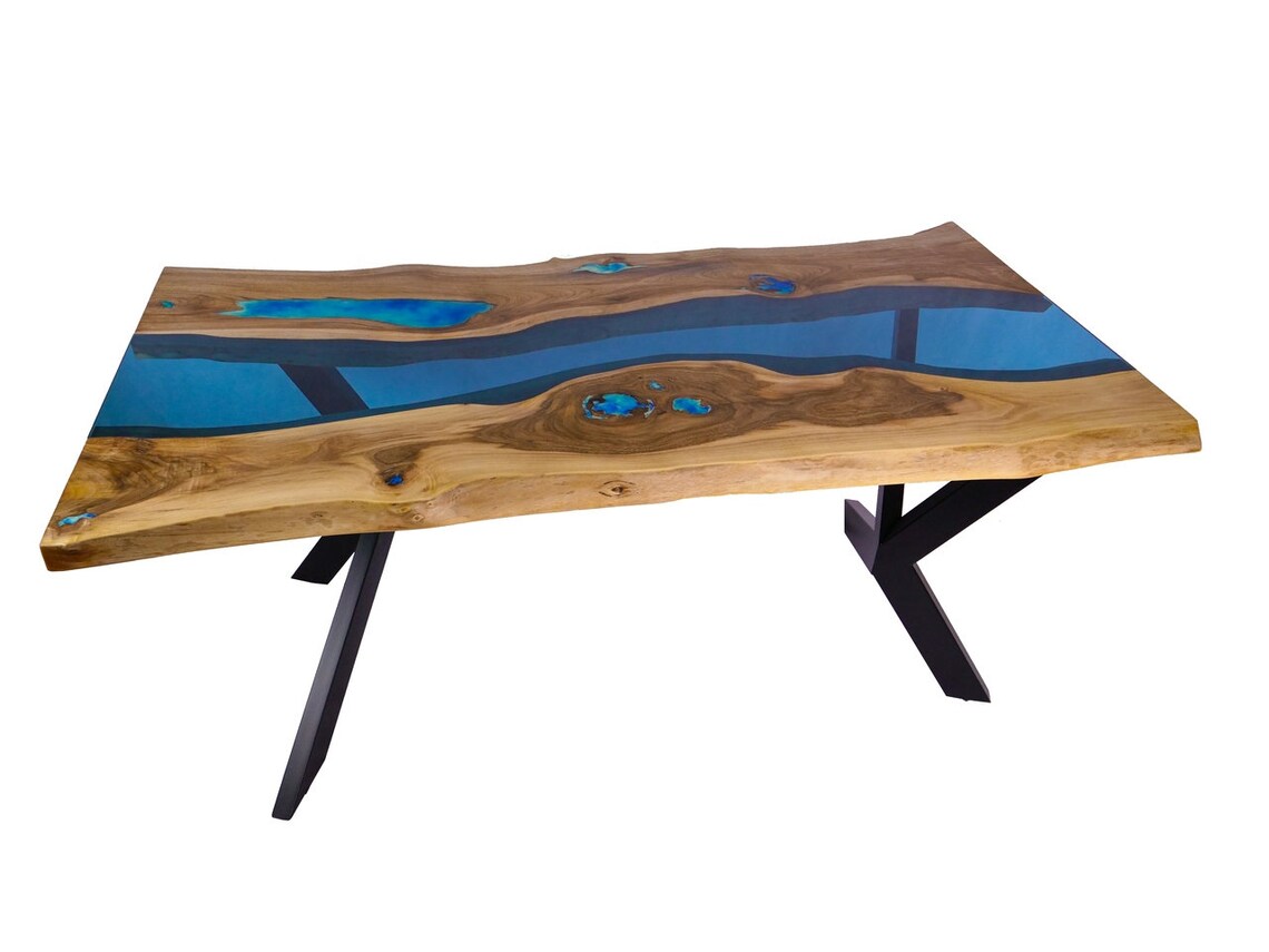 Double Live Edge River Dining Table With Bench River Glass and Etsy