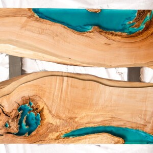 DEEP BLUE Bright ash live edge river coffee table with 3D glowing resin image 5