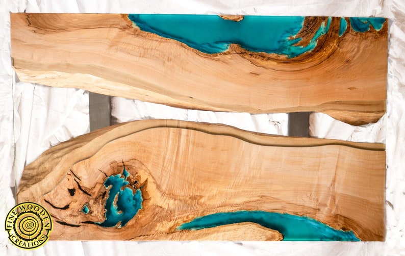 DEEP BLUE Bright ash live edge river coffee table with 3D glowing resin image 5