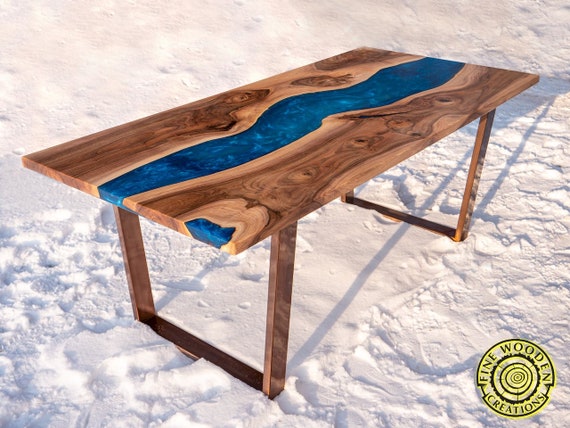 Epoxy resin river dining table with bench, walnut wood, turquoise resin,  glowing resin, modern style - Fine Wooden Creations