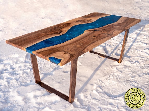 Epoxy resin river dining table with bench, walnut wood, turquoise resin,  glowing resin, modern style - Fine Wooden Creations