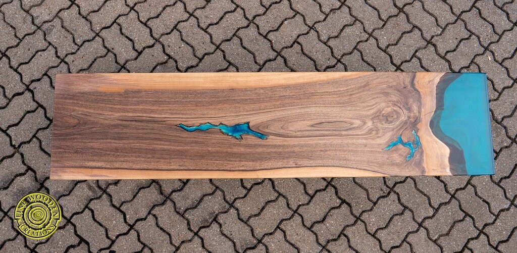 Epoxy resin river dining table with bench, walnut wood, turquoise resin,  glowing resin, modern style - Fine Wooden Creations