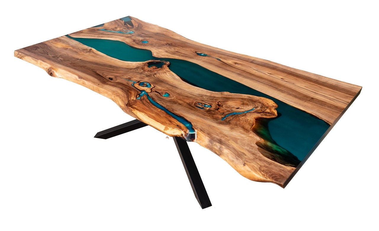 Live Edge Resin River Dining Table With Turquoise Teal Emerald
