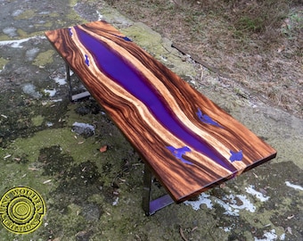 Bench live edge resin river with purple glowing pigment suar exotic wood