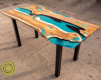 Live edge epoxy resin river dining table with led lighting and batteries with natural light turquoise glowing resin, bar height